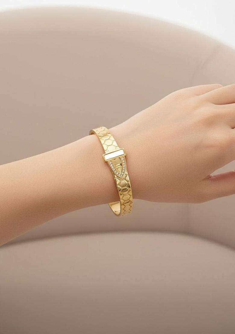 Stainless Steel Gold-Plated American Diamond Temple Bangle-Style Bracelet for Women | Stylish Party & Everyday Wear | Gift for Her - Indya