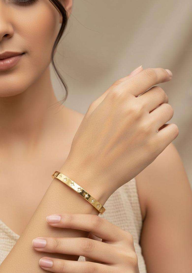 Stainless Steel Gold-Plated American Diamond Temple Bangle-Style Bracelet for Women | Stylish Party & Everyday Wear | Gift for Her - Indya
