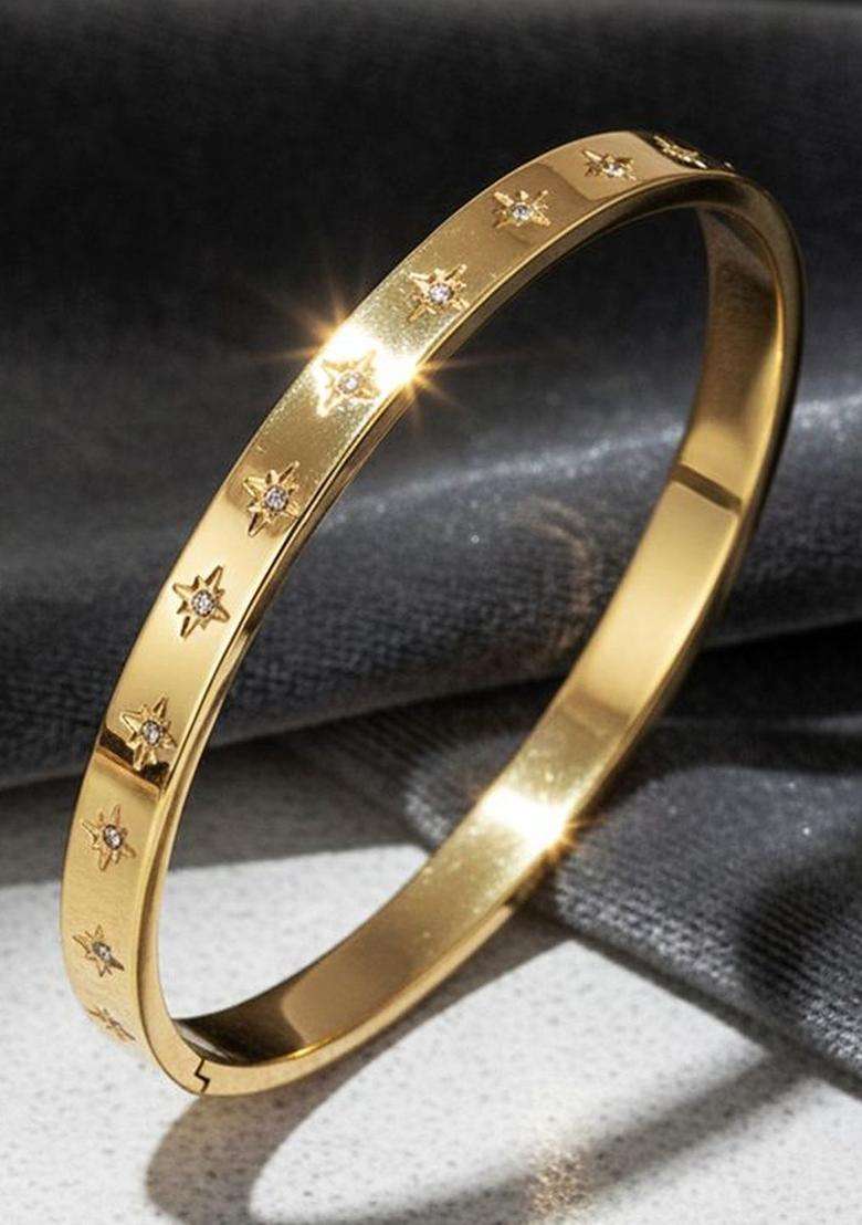 Stainless Steel Gold-Plated American Diamond Temple Bangle-Style Bracelet for Women | Stylish Party & Everyday Wear | Gift for Her - Indya