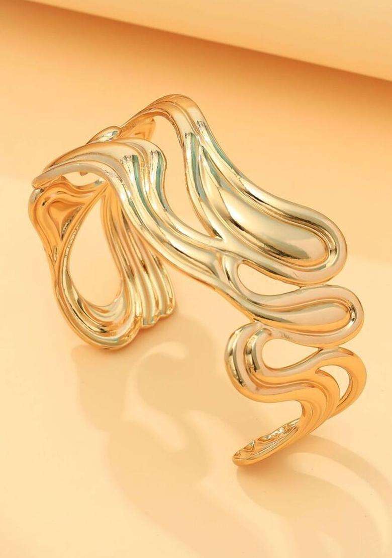Stainless Steel Gold-Plated American Diamond Temple Cuff Bracelet for Women | Stylish Party & Everyday Wear | Gift for Her - Indya