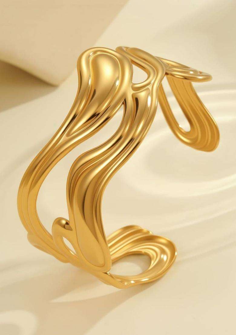 Stainless Steel Gold-Plated American Diamond Temple Cuff Bracelet for Women | Stylish Party & Everyday Wear | Gift for Her - Indya