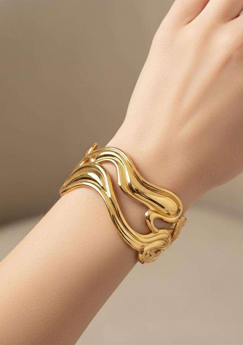 Stainless Steel Gold-Plated American Diamond Temple Cuff Bracelet for Women | Stylish Party & Everyday Wear | Gift for Her - Indya