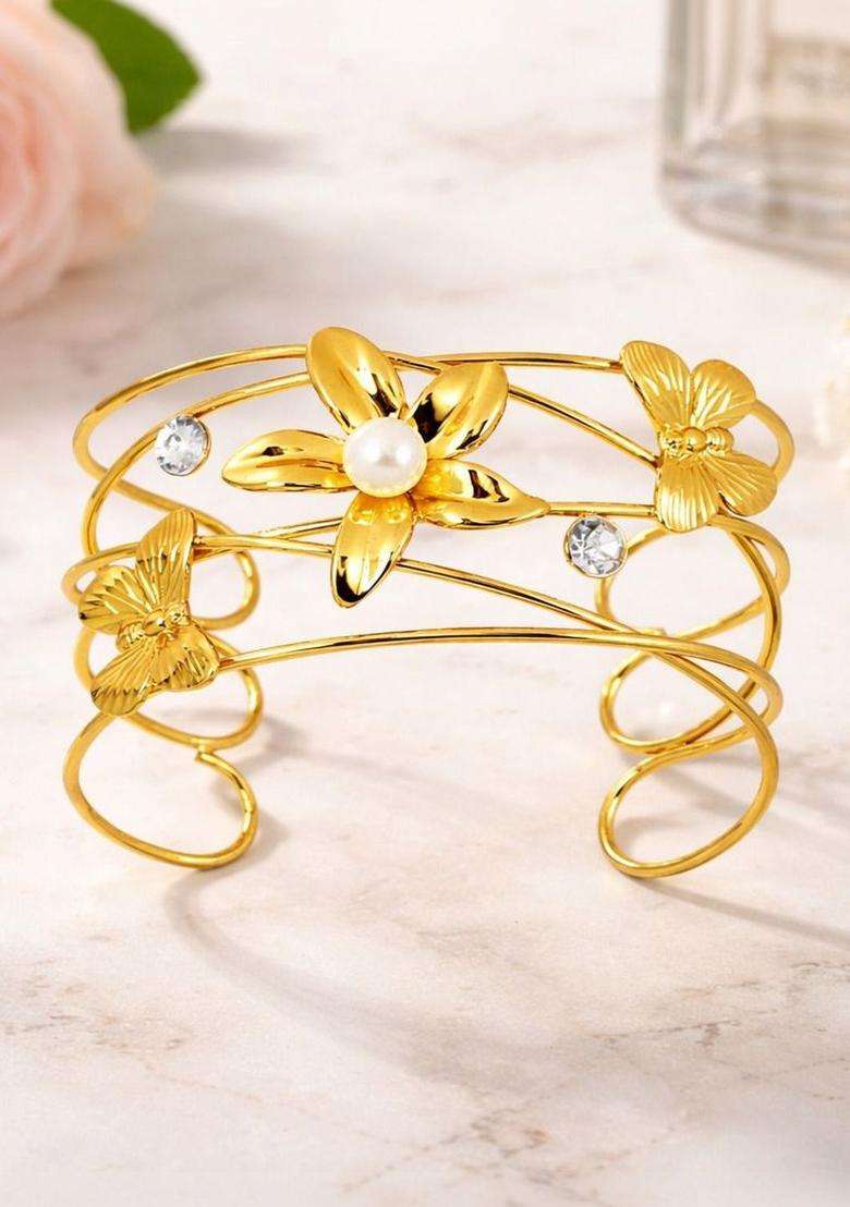 Stainless Steel Gold-Plated Cuff Bracelet for Women | Stylish Party & Everyday Wear | Gift for Her - Indya
