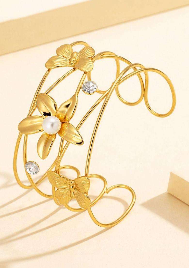 Stainless Steel Gold-Plated Cuff Bracelet for Women | Stylish Party & Everyday Wear | Gift for Her - Indya