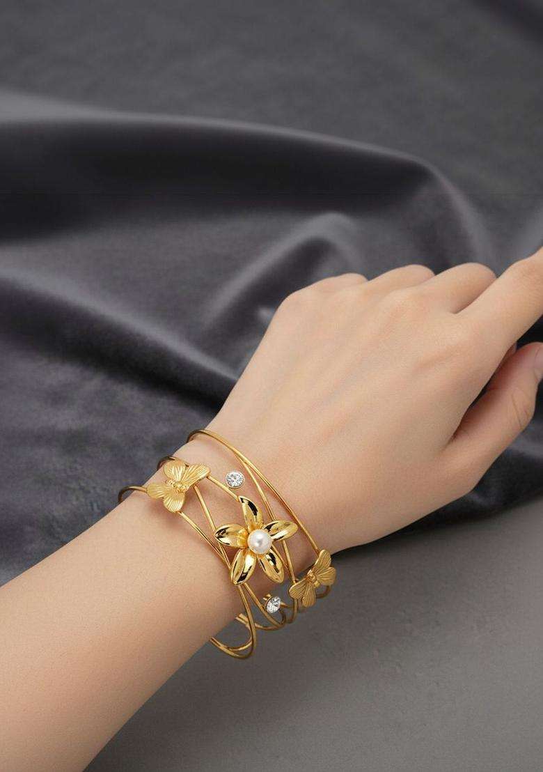 Stainless Steel Gold-Plated Cuff Bracelet for Women | Stylish Party & Everyday Wear | Gift for Her - Indya