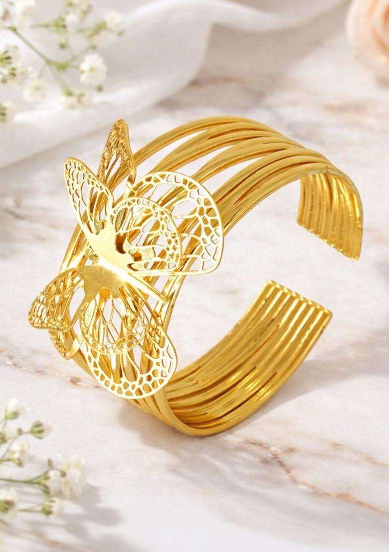 Stainless Steel Gold-Plated American Diamond Temple Cuff Bracelet for Women | Stylish Party & Everyday Wear | Gift for Her - Indya