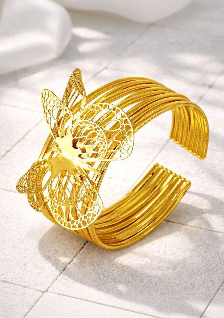 Stainless Steel Gold-Plated American Diamond Temple Cuff Bracelet for Women | Stylish Party & Everyday Wear | Gift for Her - Indya