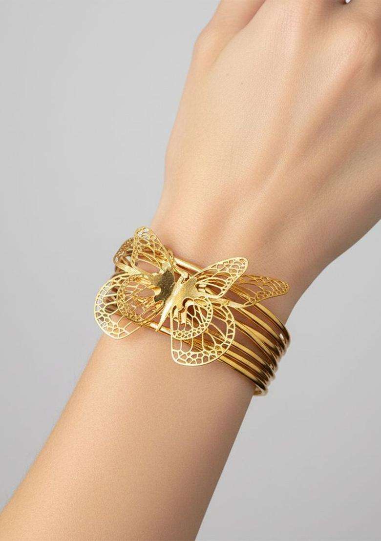 Stainless Steel Gold-Plated American Diamond Temple Cuff Bracelet for Women | Stylish Party & Everyday Wear | Gift for Her - Indya