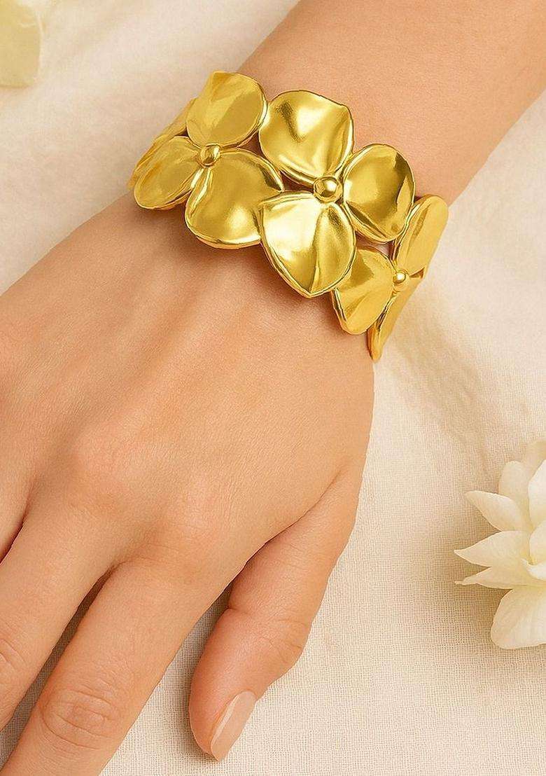 Stainless Steel Gold-Plated American Diamond Temple Cuff Bracelet for Women | Stylish Party & Everyday Wear | Gift for Her - Indya
