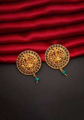Gold-Plated Artificial Beaded Goddess Lakshami Circular Shaped Temple Drop Earrings for Women | Traditional Temple Jewellery for Wedding & Festive Wear | Gift for Her