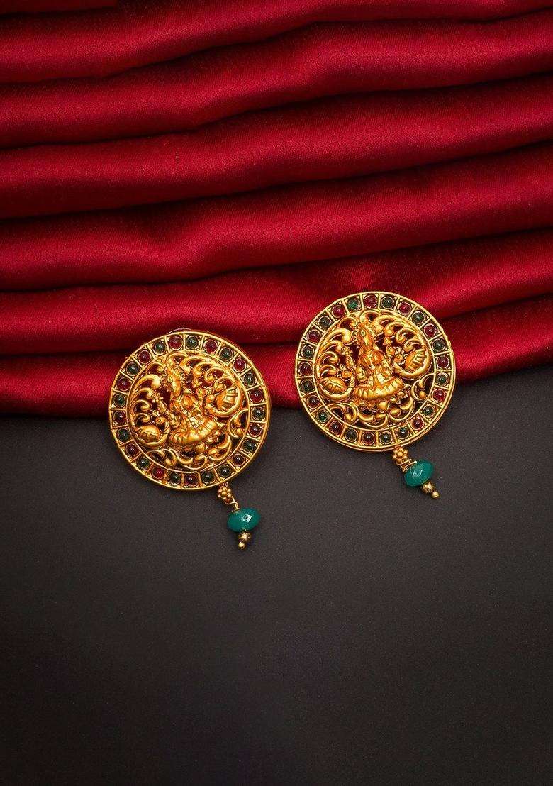 Gold-Plated Artificial Beaded Goddess Lakshami Circular Shaped Temple Drop Earrings for Women | Traditional Temple Jewellery for Wedding & Festive Wear | Gift for Her - Indya