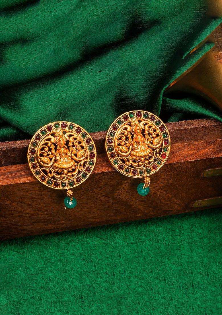 Gold-Plated Artificial Beaded Goddess Lakshami Circular Shaped Temple Drop Earrings for Women | Traditional Temple Jewellery for Wedding & Festive Wear | Gift for Her - Indya