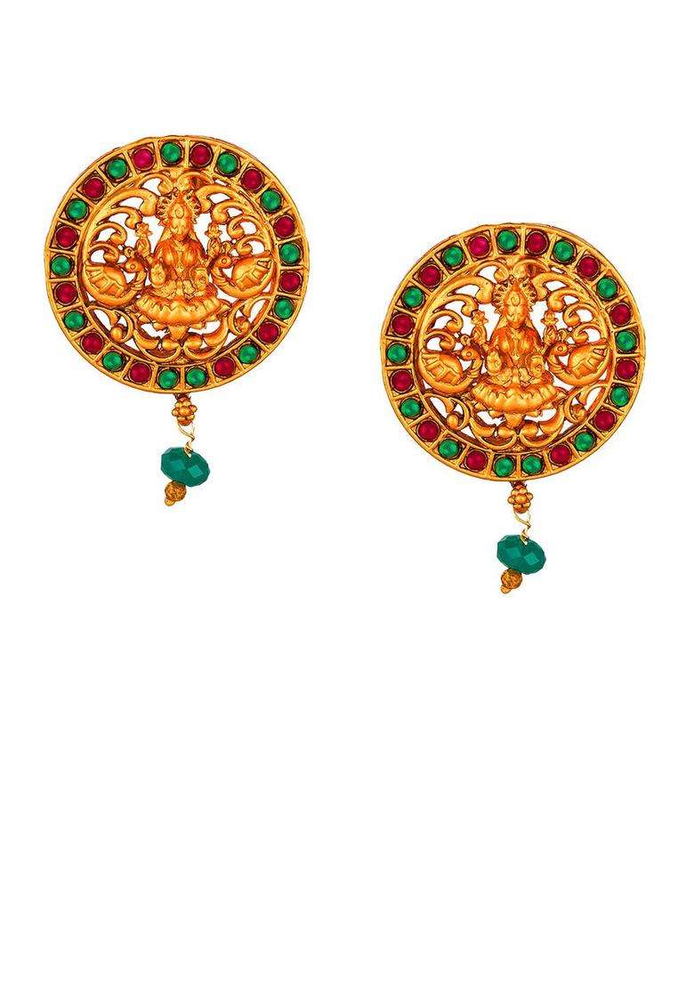 Gold-Plated Artificial Beaded Goddess Lakshami Circular Shaped Temple Drop Earrings for Women | Traditional Temple Jewellery for Wedding & Festive Wear | Gift for Her - Indya