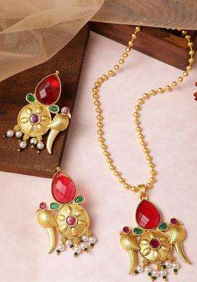 Gold-Plated Copper Artificial Stones & Beads Jewellery Set for Women | Traditional Temple Jewellery for Wedding & Festive Wear | Gift for Her