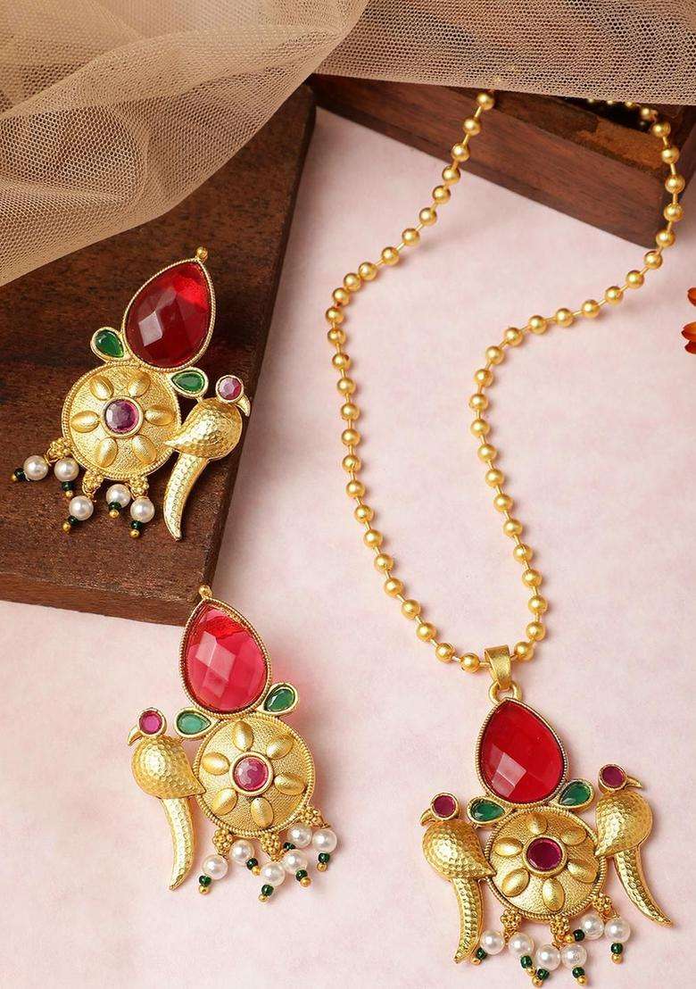 Gold-Plated Copper Artificial Stones & Beads Jewellery Set for Women | Traditional Temple Jewellery for Wedding & Festive Wear | Gift for Her - Indya