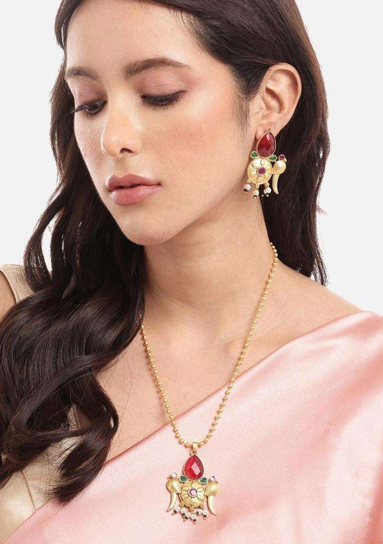 Gold-Plated Copper Artificial Stones & Beads Jewellery Set for Women | Traditional Temple Jewellery for Wedding & Festive Wear | Gift for Her - Indya