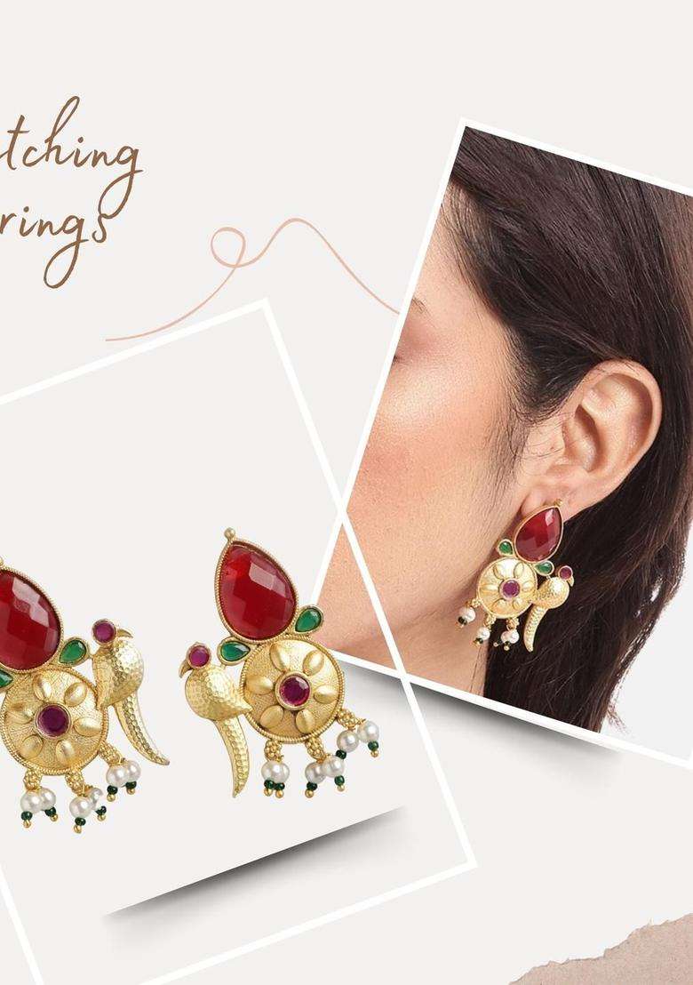 Gold-Plated Copper Artificial Stones & Beads Jewellery Set for Women | Traditional Temple Jewellery for Wedding & Festive Wear | Gift for Her - Indya