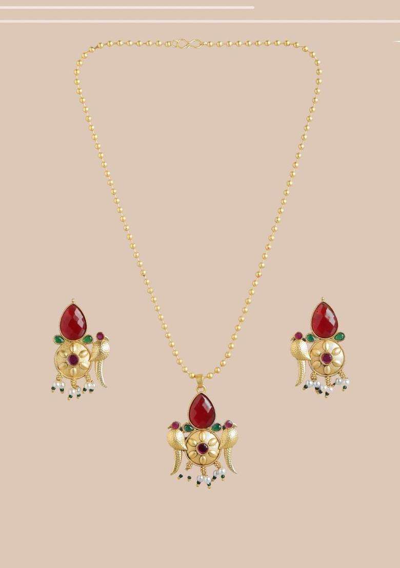 Gold-Plated Copper Artificial Stones & Beads Jewellery Set for Women | Traditional Temple Jewellery for Wedding & Festive Wear | Gift for Her - Indya