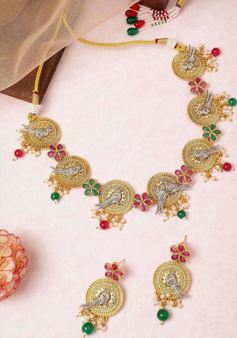 Gold-Plated Copper Artificial Stones & Beads Jewellery Set for Women | Traditional Temple Jewellery for Wedding & Festive Wear | Gift for Her - Indya