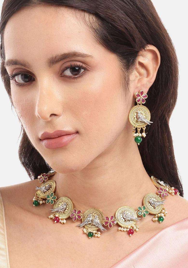 Gold-Plated Copper Artificial Stones & Beads Jewellery Set for Women | Traditional Temple Jewellery for Wedding & Festive Wear | Gift for Her - Indya