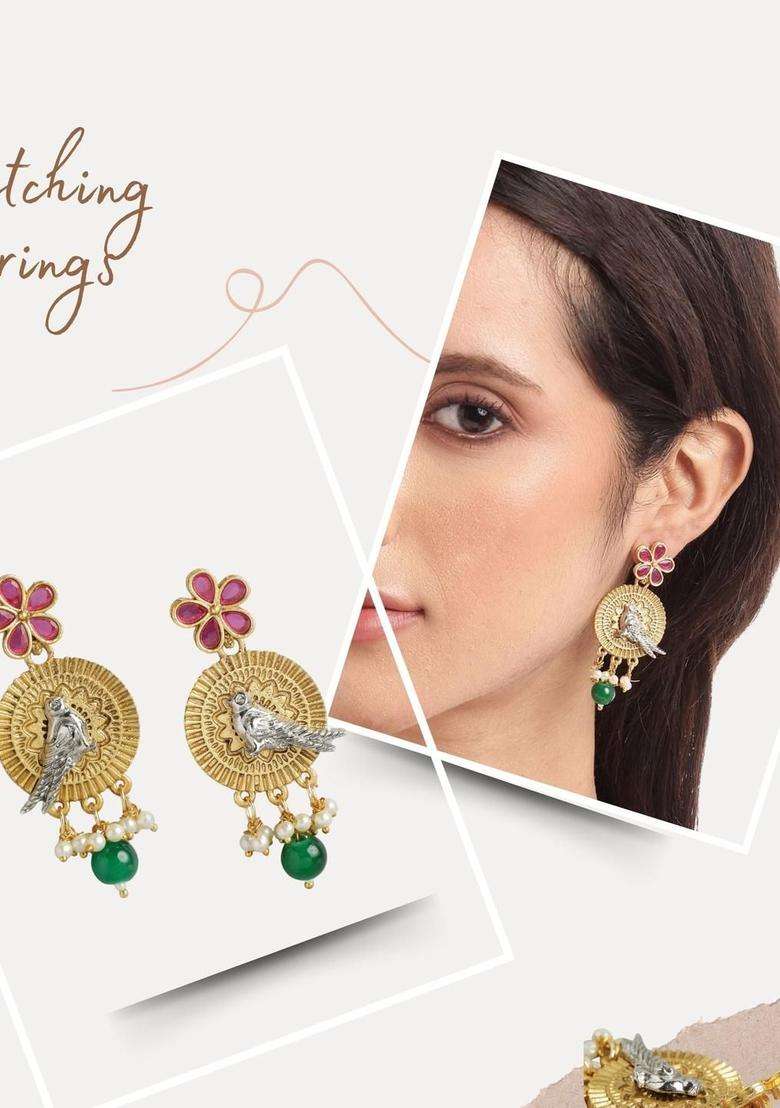 Gold-Plated Copper Artificial Stones & Beads Jewellery Set for Women | Traditional Temple Jewellery for Wedding & Festive Wear | Gift for Her - Indya