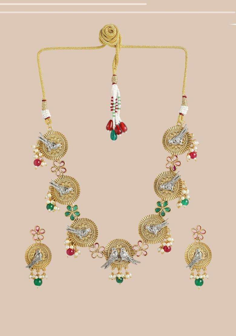 Gold-Plated Copper Artificial Stones & Beads Jewellery Set for Women | Traditional Temple Jewellery for Wedding & Festive Wear | Gift for Her - Indya