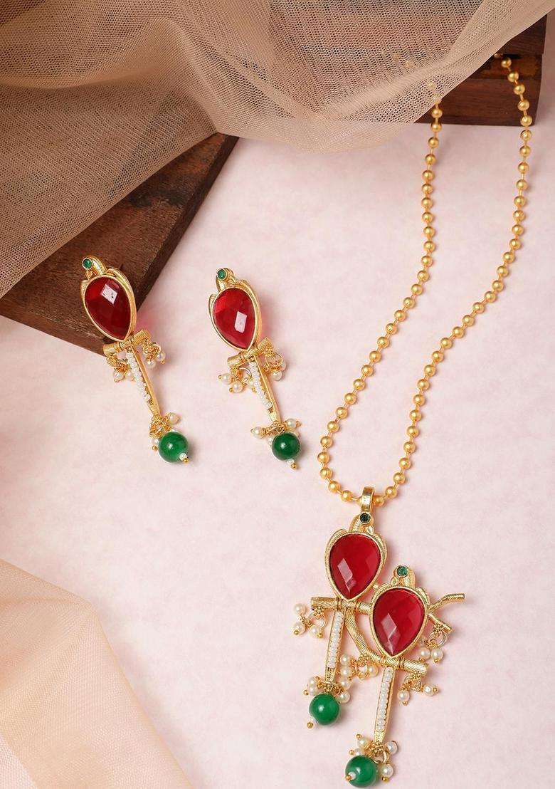 Gold-Plated Copper Artificial Stones & Beads Jewellery Set for Women | Traditional Temple Jewellery for Wedding & Festive Wear | Gift for Her - Indya