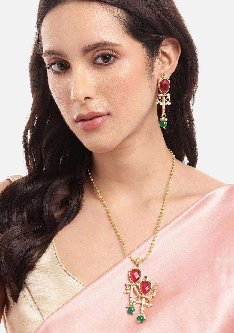 Gold-Plated Copper Artificial Stones & Beads Jewellery Set for Women | Traditional Temple Jewellery for Wedding & Festive Wear | Gift for Her - Indya
