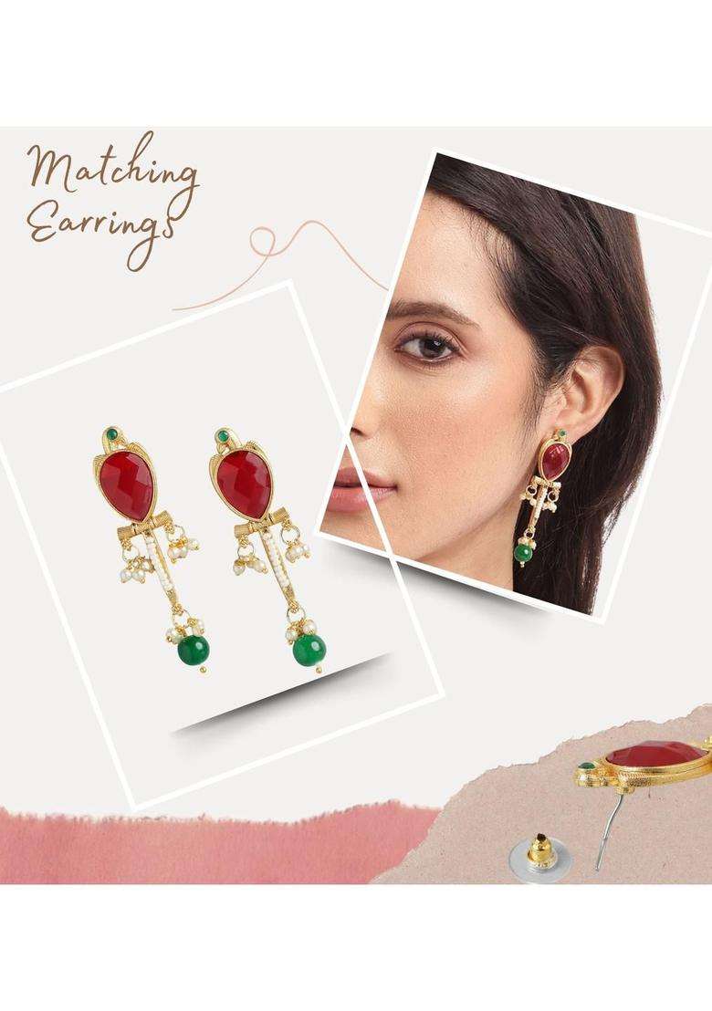 Gold-Plated Copper Artificial Stones & Beads Jewellery Set for Women | Traditional Temple Jewellery for Wedding & Festive Wear | Gift for Her - Indya