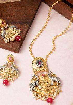 Gold-Plated Copper Artificial Stones & Beads Jewellery Set for Women | Traditional Temple Jewellery for Wedding & Festive Wear | Gift for Her
