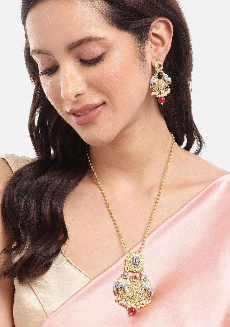 Gold-Plated Copper Artificial Stones & Beads Jewellery Set for Women | Traditional Temple Jewellery for Wedding & Festive Wear | Gift for Her - Indya
