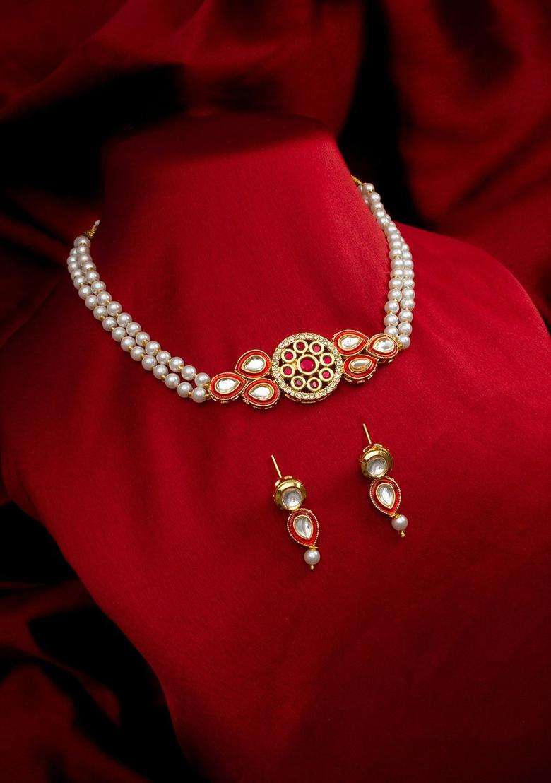 Gold-Plated Kundan Studded and Beaded Necklace and Earrings for Women | Traditional Temple Jewellery for Wedding & Festive Wear | Gift for Her - Indya