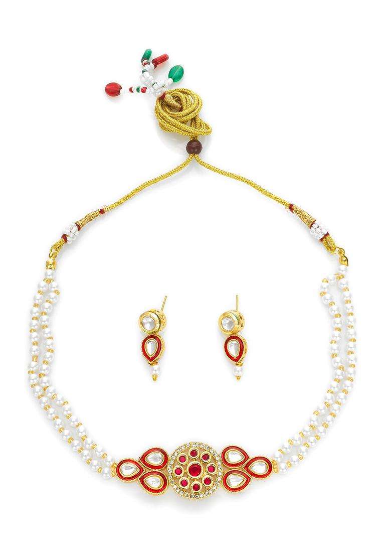 Gold-Plated Kundan Studded and Beaded Necklace and Earrings for Women | Traditional Temple Jewellery for Wedding & Festive Wear | Gift for Her - Indya