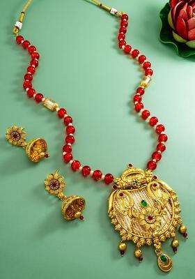 Gold-Plated Kundan-Studded & Pearl-BeadedJewellerySet for Women | Traditional Temple Jewellery for Wedding & Festive Wear | Gift for Her