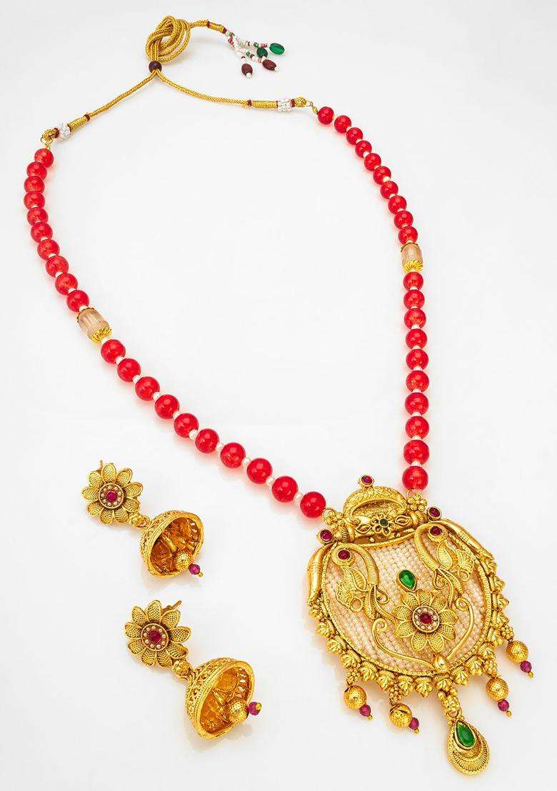Gold-Plated Kundan-Studded & Pearl-BeadedJewellerySet for Women | Traditional Temple Jewellery for Wedding & Festive Wear | Gift for Her - Indya