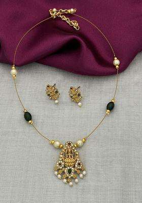 Gold-Plated White & Green Stone-Studded Pearl-Beaded Necklace with Earrings for Women | Traditional Temple Jewellery for Wedding & Festive Wear | Gift for Her