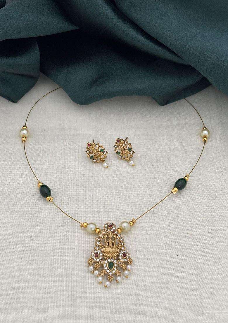 Gold-Plated White & Green Stone-Studded Pearl-Beaded Necklace with Earrings for Women | Traditional Temple Jewellery for Wedding & Festive Wear | Gift for Her - Indya
