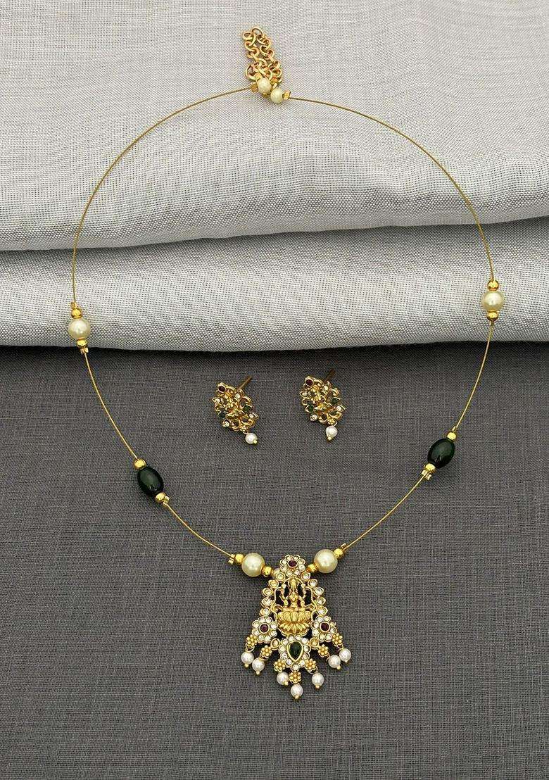 Gold-Plated White & Green Stone-Studded Pearl-Beaded Necklace with Earrings for Women | Traditional Temple Jewellery for Wedding & Festive Wear | Gift for Her - Indya