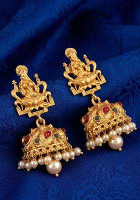 24CT Gold-Plated Stones Studded & Pearls Beaded Dome Shaped Temple Jhumkas for Women | Traditional Temple Jewellery for Wedding & Festive Wear | Gift for Her