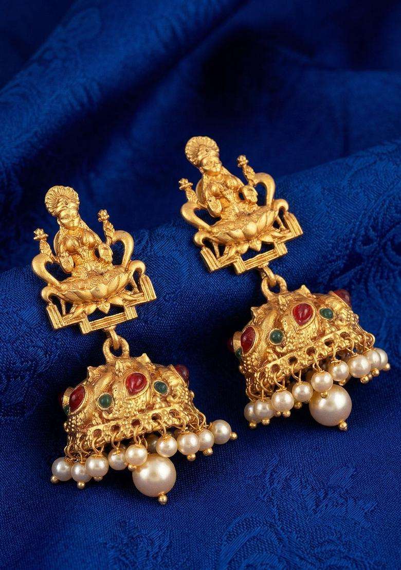 24CT Gold-Plated Stones Studded & Pearls Beaded Dome Shaped Temple Jhumkas for Women | Traditional Temple Jewellery for Wedding & Festive Wear | Gift for Her - Indya