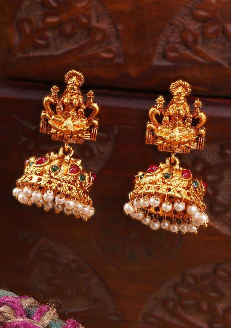 24CT Gold-Plated Stones Studded & Pearls Beaded Dome Shaped Temple Jhumkas for Women | Traditional Temple Jewellery for Wedding & Festive Wear | Gift for Her - Indya