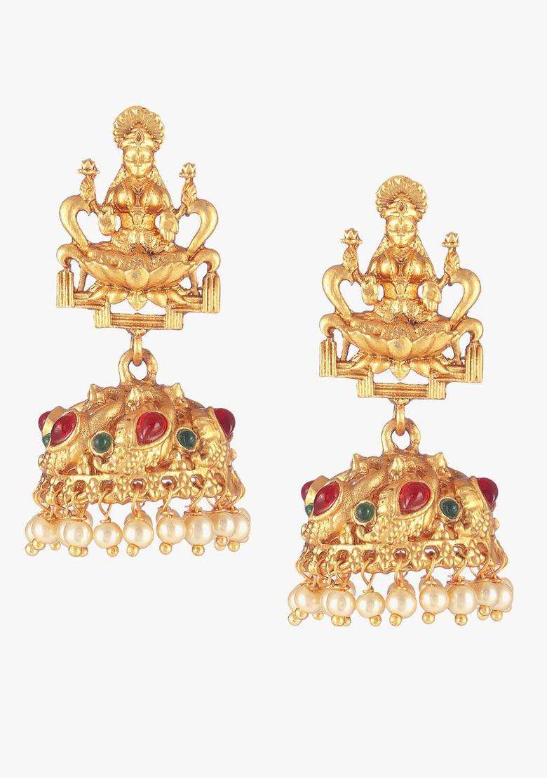 24CT Gold-Plated Stones Studded & Pearls Beaded Dome Shaped Temple Jhumkas for Women | Traditional Temple Jewellery for Wedding & Festive Wear | Gift for Her - Indya
