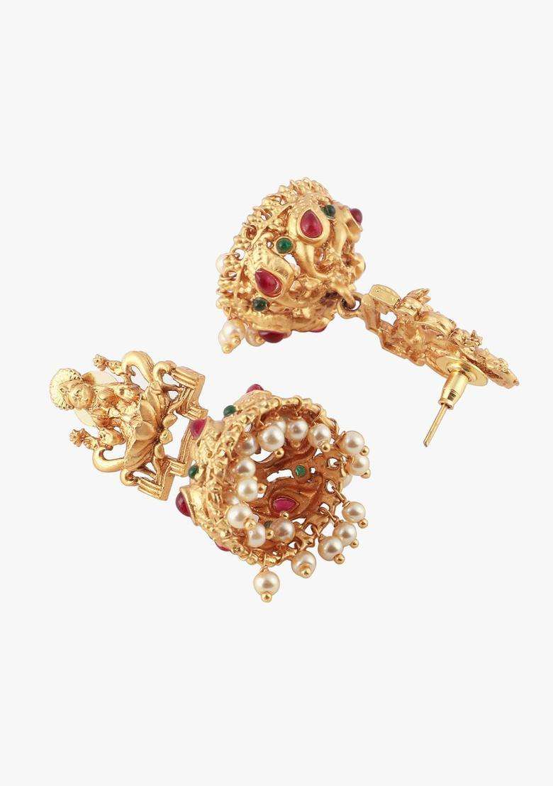 24CT Gold-Plated Stones Studded & Pearls Beaded Dome Shaped Temple Jhumkas for Women | Traditional Temple Jewellery for Wedding & Festive Wear | Gift for Her - Indya