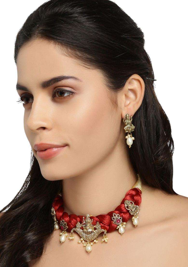 Gold-Plated and Red Pearls Beaded Lakshmi Mata Idol Necklace and Earrings for Women | Traditional Temple Jewellery for Wedding & Festive Wear | Gift for Her - Indya