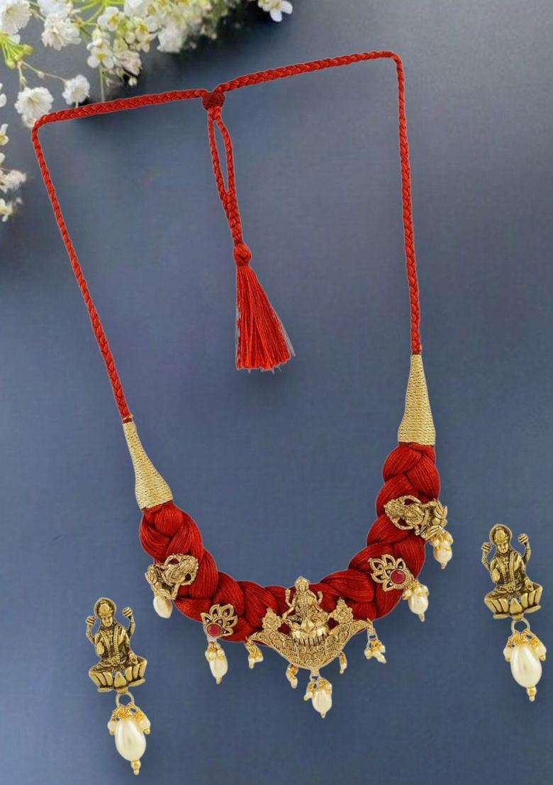 Gold-Plated and Red Pearls Beaded Lakshmi Mata Idol Necklace and Earrings for Women | Traditional Temple Jewellery for Wedding & Festive Wear | Gift for Her - Indya