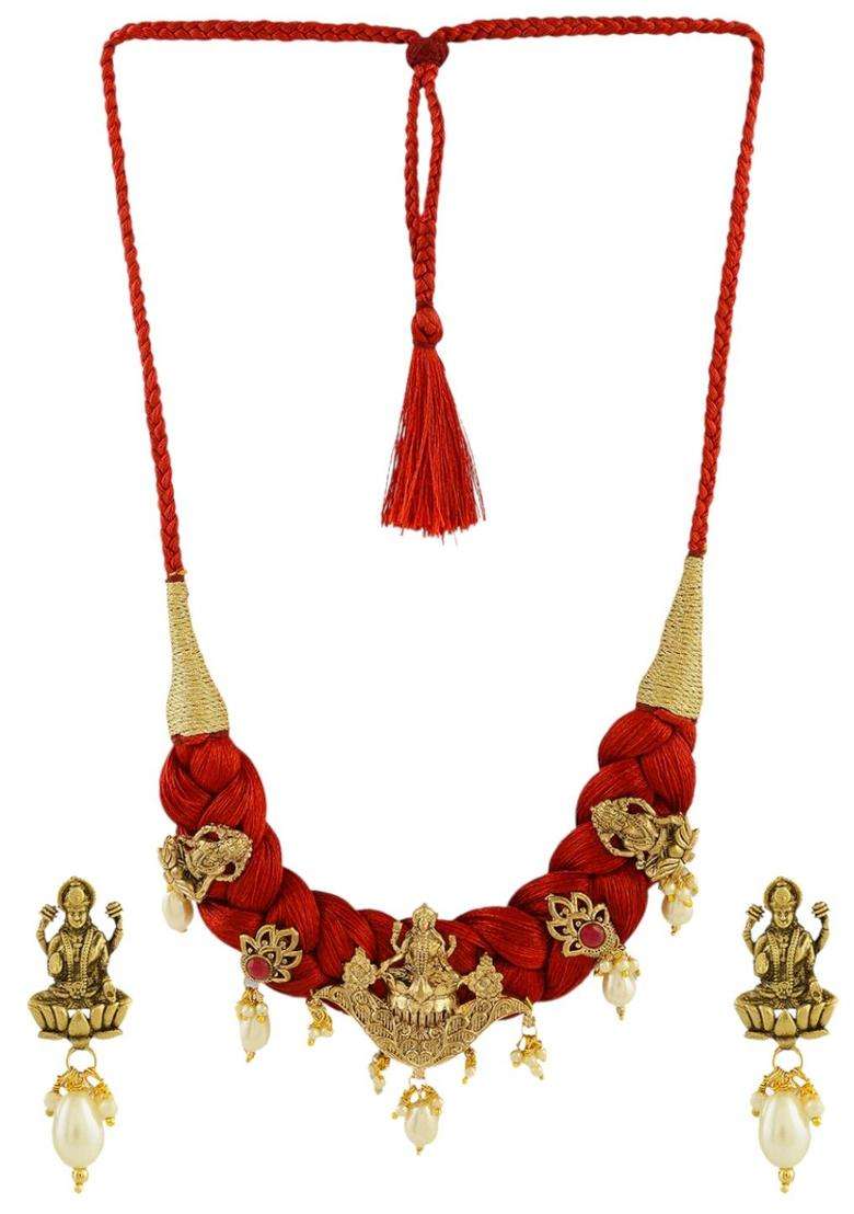 Gold-Plated and Red Pearls Beaded Lakshmi Mata Idol Necklace and Earrings for Women | Traditional Temple Jewellery for Wedding & Festive Wear | Gift for Her - Indya