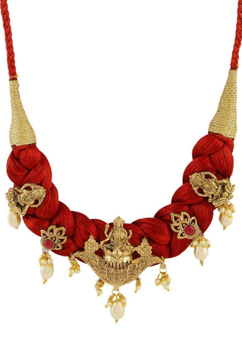 Gold-Plated and Red Pearls Beaded Lakshmi Mata Idol Necklace and Earrings for Women | Traditional Temple Jewellery for Wedding & Festive Wear | Gift for Her - Indya