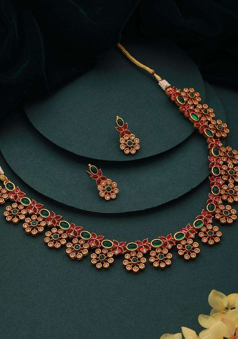 Green Gold-Plated Kundan-Studded Jewellery Set for Women | Traditional Temple Jewellery for Wedding & Festive Wear | Gift for Her - Indya