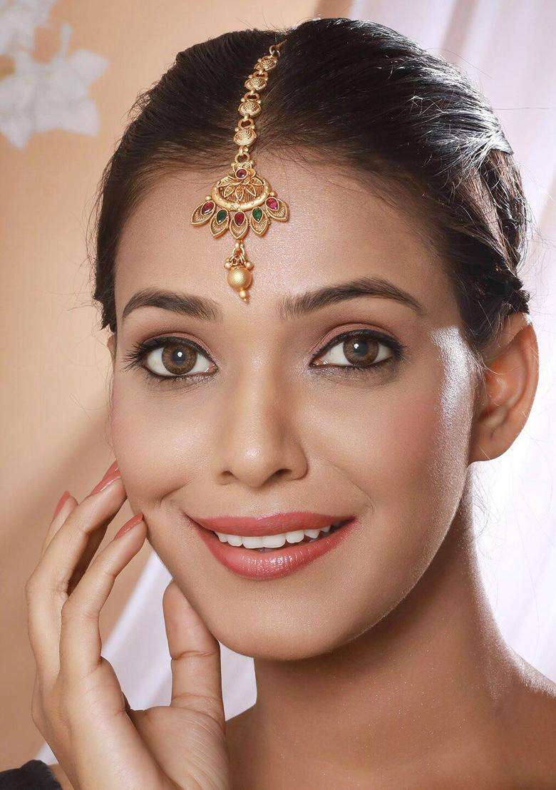 Gold-Plated Stone -Studded & Beaded Maang Tikka for Women | Traditional Temple Jewellery for Wedding & Festive Wear | Gift for Her - Indya