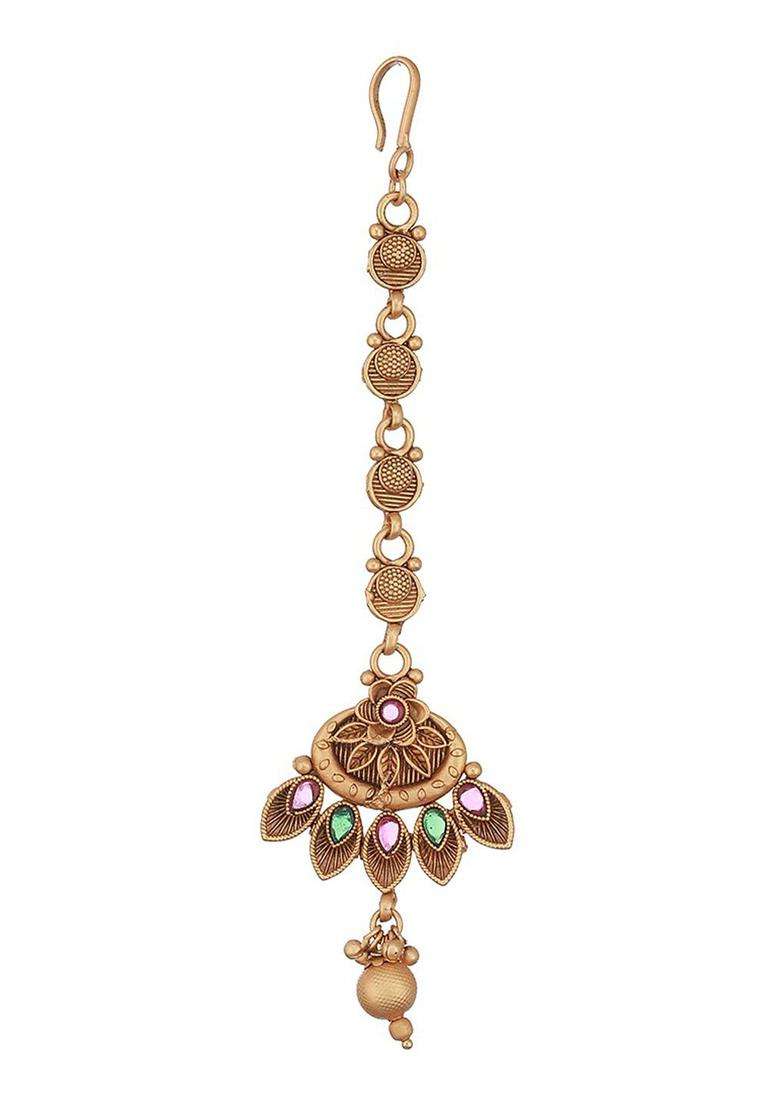 Gold-Plated Stone -Studded & Beaded Maang Tikka for Women | Traditional Temple Jewellery for Wedding & Festive Wear | Gift for Her - Indya